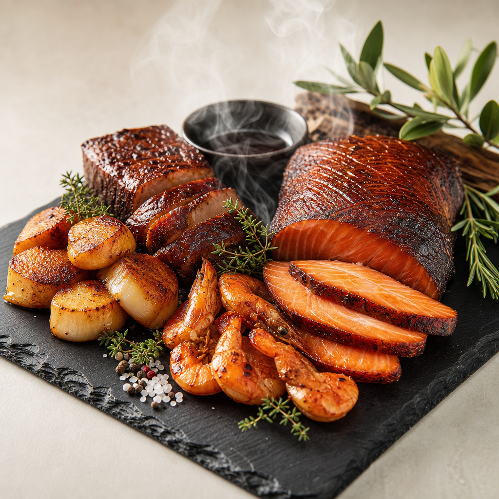 Smoked gourmet manuka-infused food platter with dark caramelized finish, arranged on slate with fresh herbs
