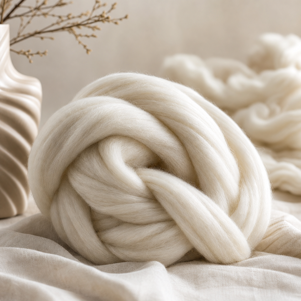 Premium New Zealand Merino wool fibre in a refined textile-focused product photo