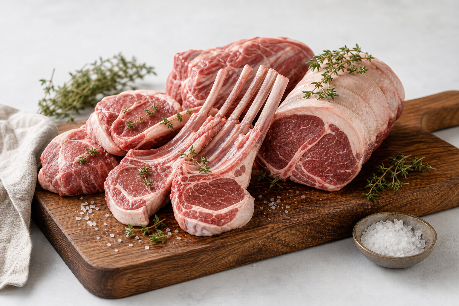 New Zealand lamb and mutton cuts presented on a wooden board with fresh thyme and coarse salt