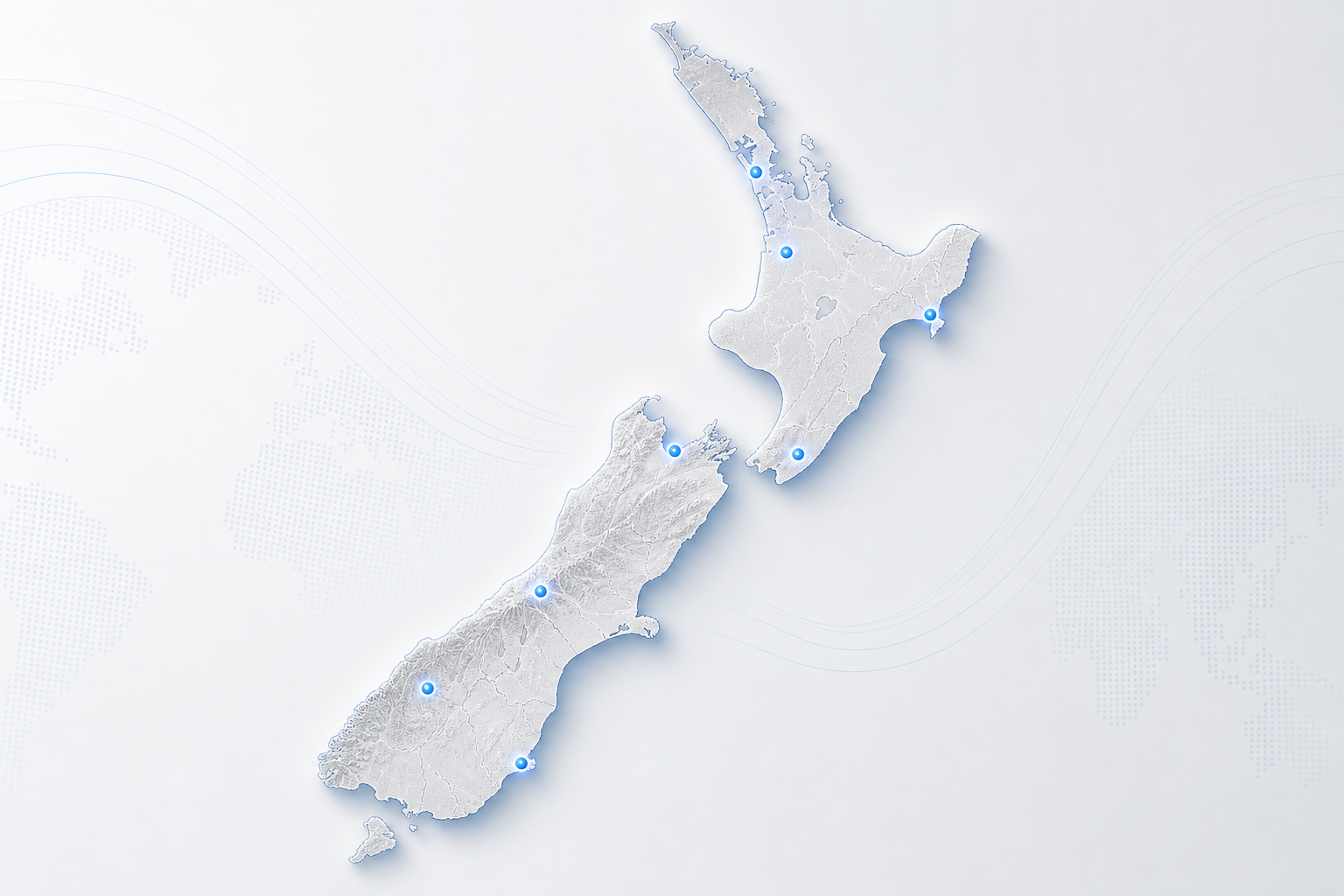 Minimalist map of New Zealand with refined geographic silhouette on a light background