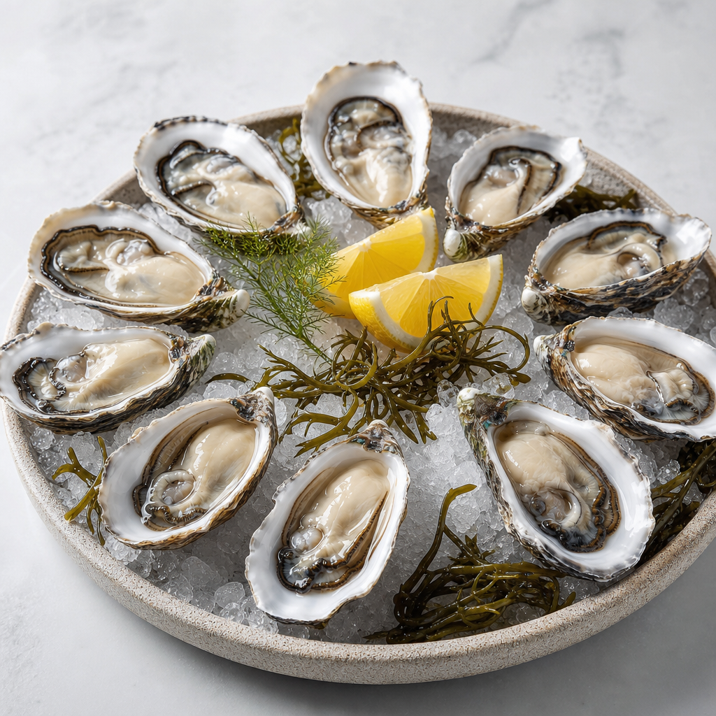 Fresh New Zealand oysters on the half shell served on crushed ice with lemon and seaweed accents