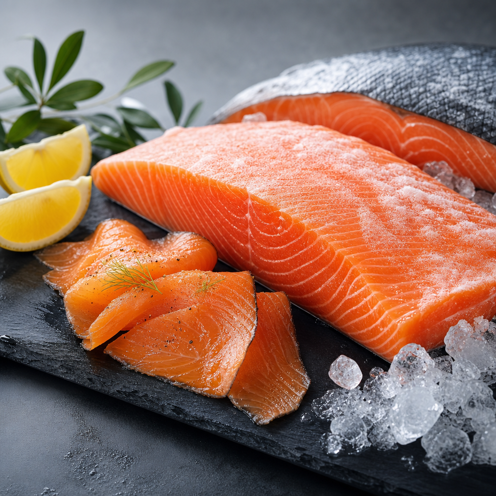 Premium New Zealand salmon fillets with a smoked and frozen presentation on a dark board with citrus