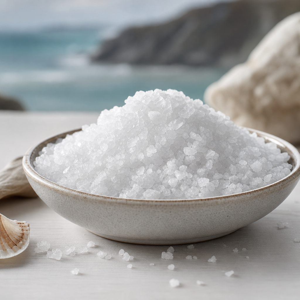 Premium New Zealand sea salt crystals in a ceramic bowl with textured grains and coastal accents