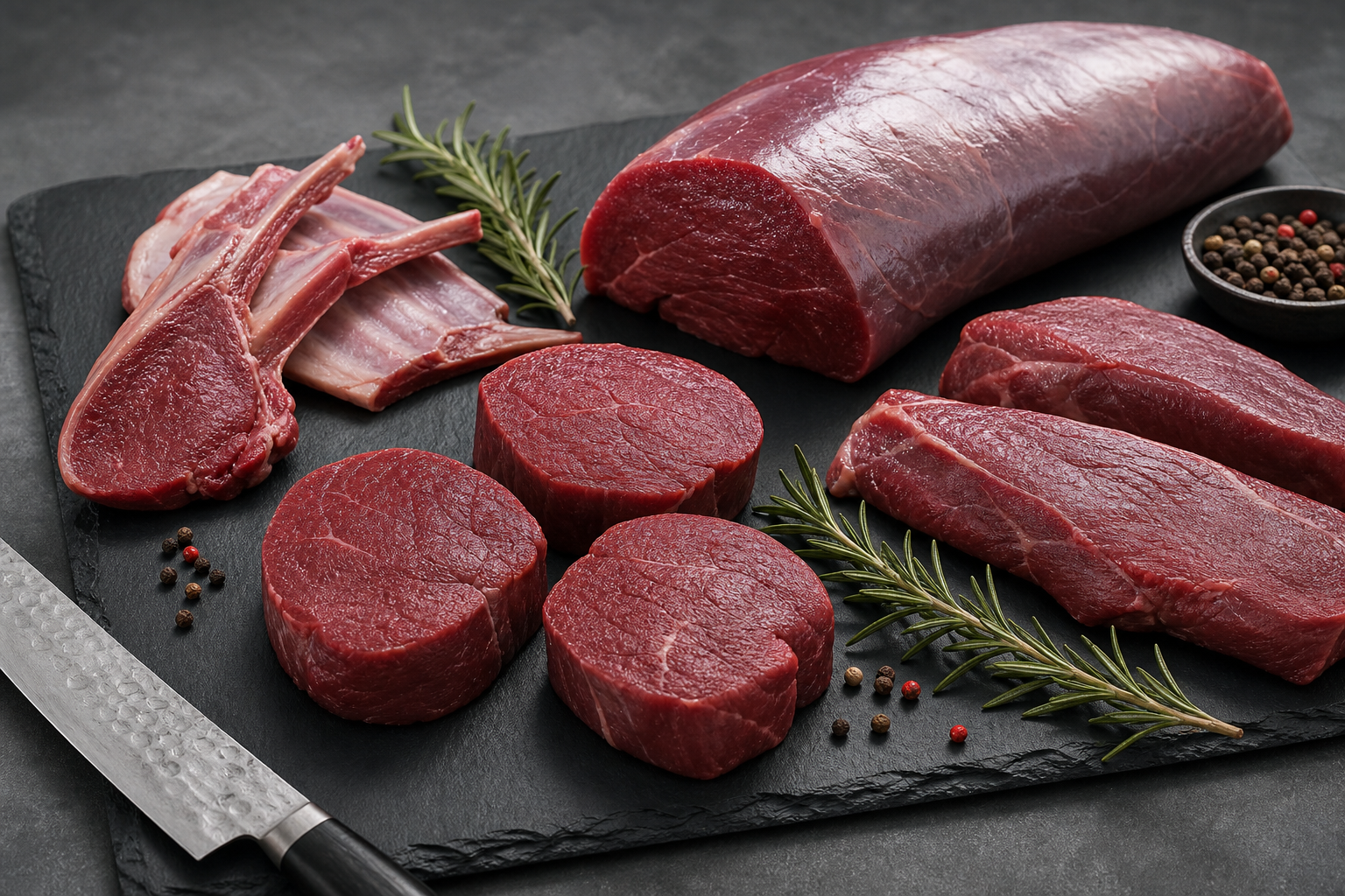 Export-grade New Zealand venison cuts arranged on a dark slate board with rosemary and peppercorns