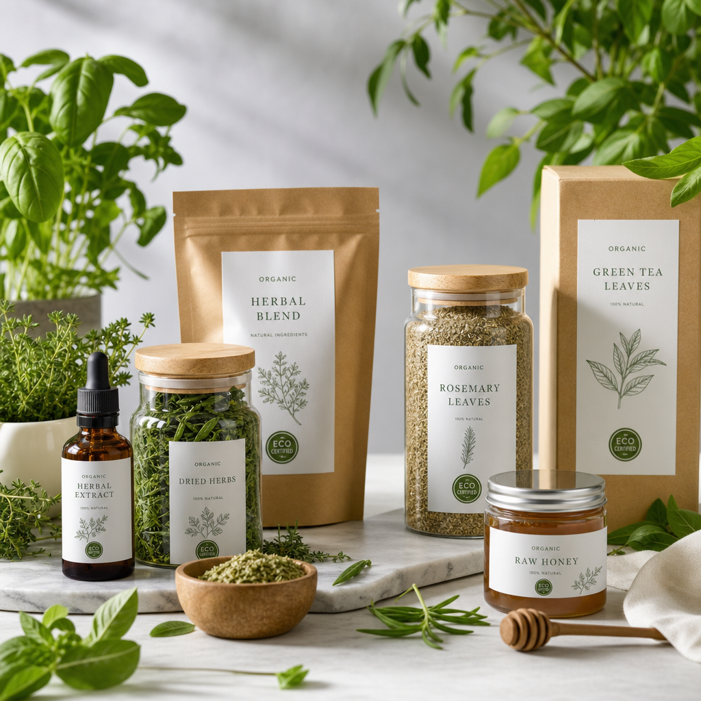 Organic product assortment featuring fresh green herbs, glass jars of natural ingredients, and eco-certified packaging arranged in a clean studio
