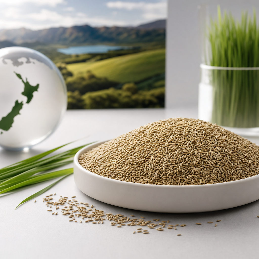 Export-grade New Zealand perennial ryegrass seed in a clean product showcase