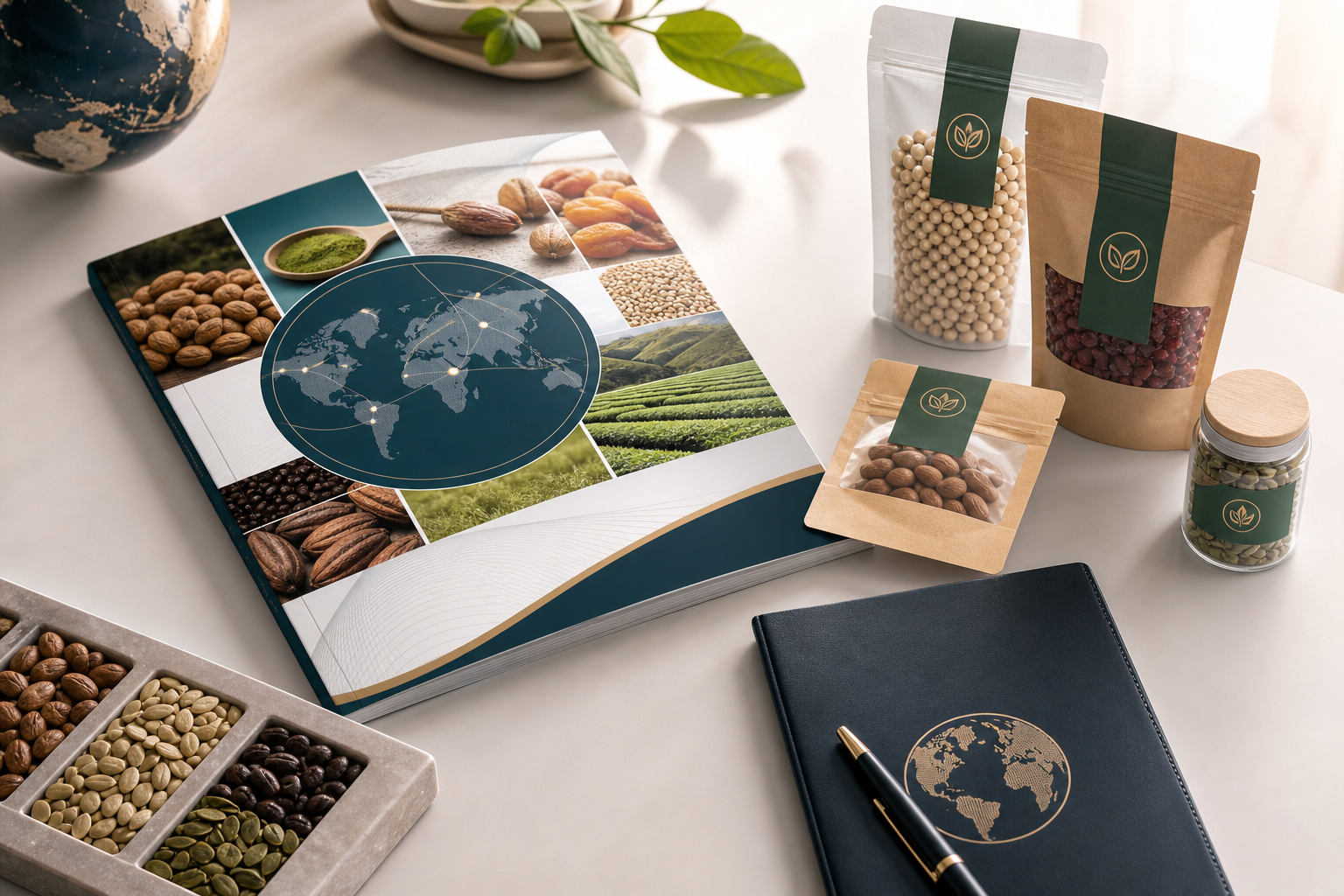 Premium agrifood supply catalog and sealed product samples arranged on a sleek corporate desk