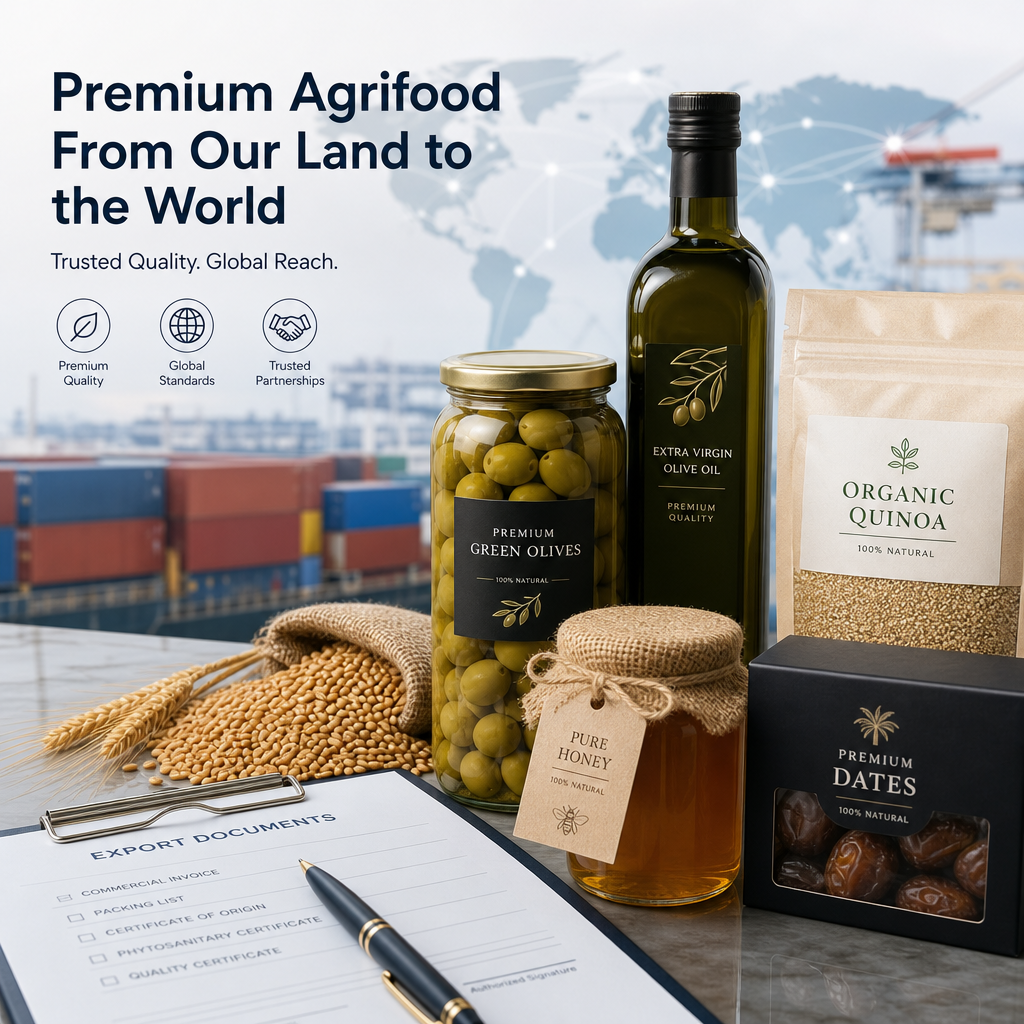 Premium agrifood exports: assorted golden wheat grains, olives, and packaged specialty foods on a polished trade desk with global shipping documents