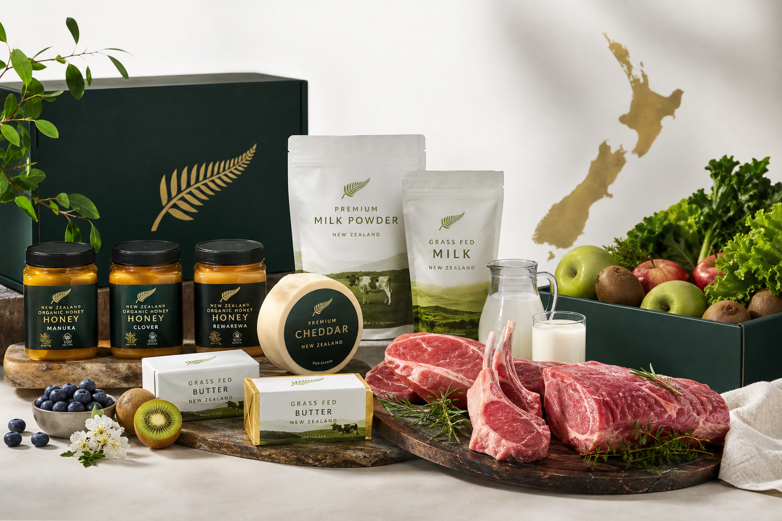 Curated collection of New Zealand premium export products arranged on a clean studio backdrop