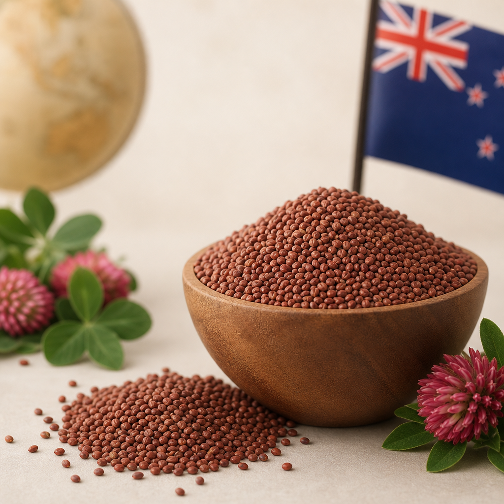 Export-ready New Zealand red clover seed in a polished product image