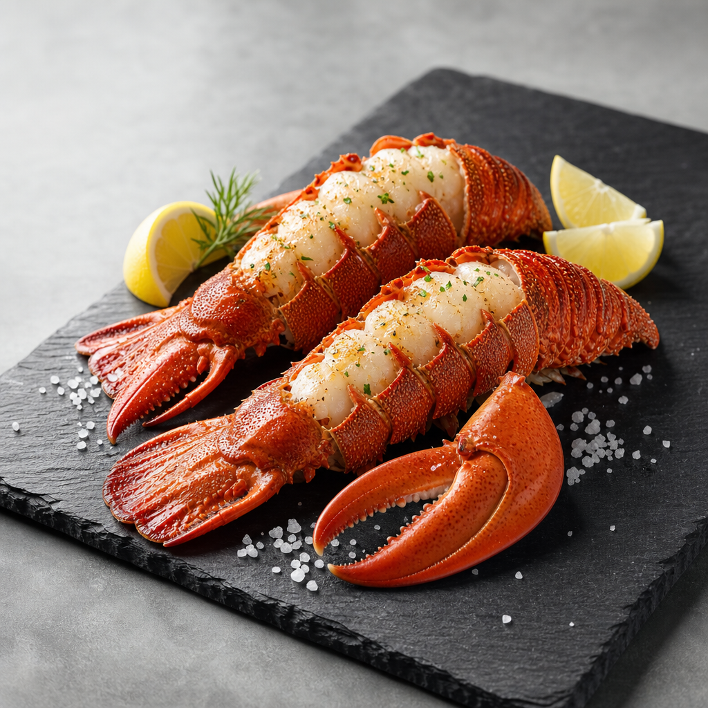 Premium New Zealand rock lobster tails and claws plated on a dark slate surface with lemon wedges and sea salt