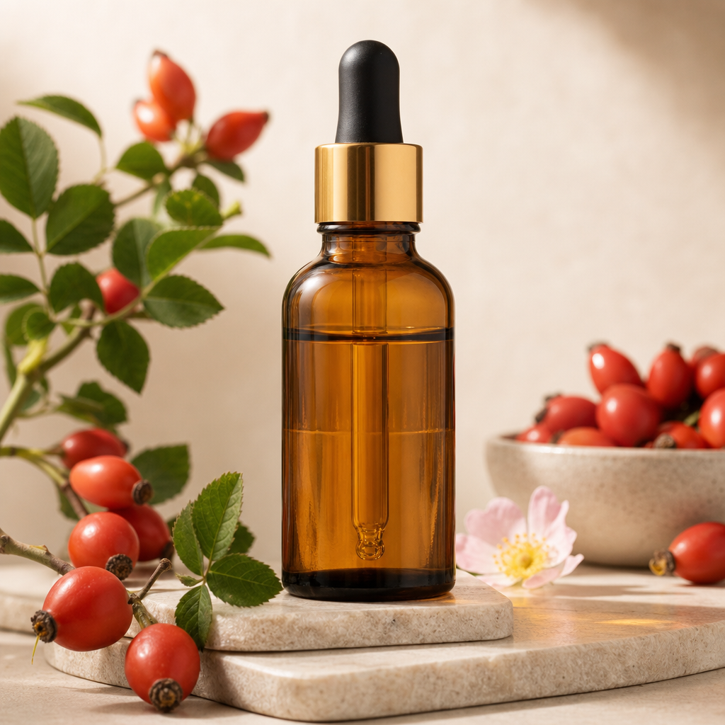 Amber dropper bottle of rosehip oil with soft rosehip tones