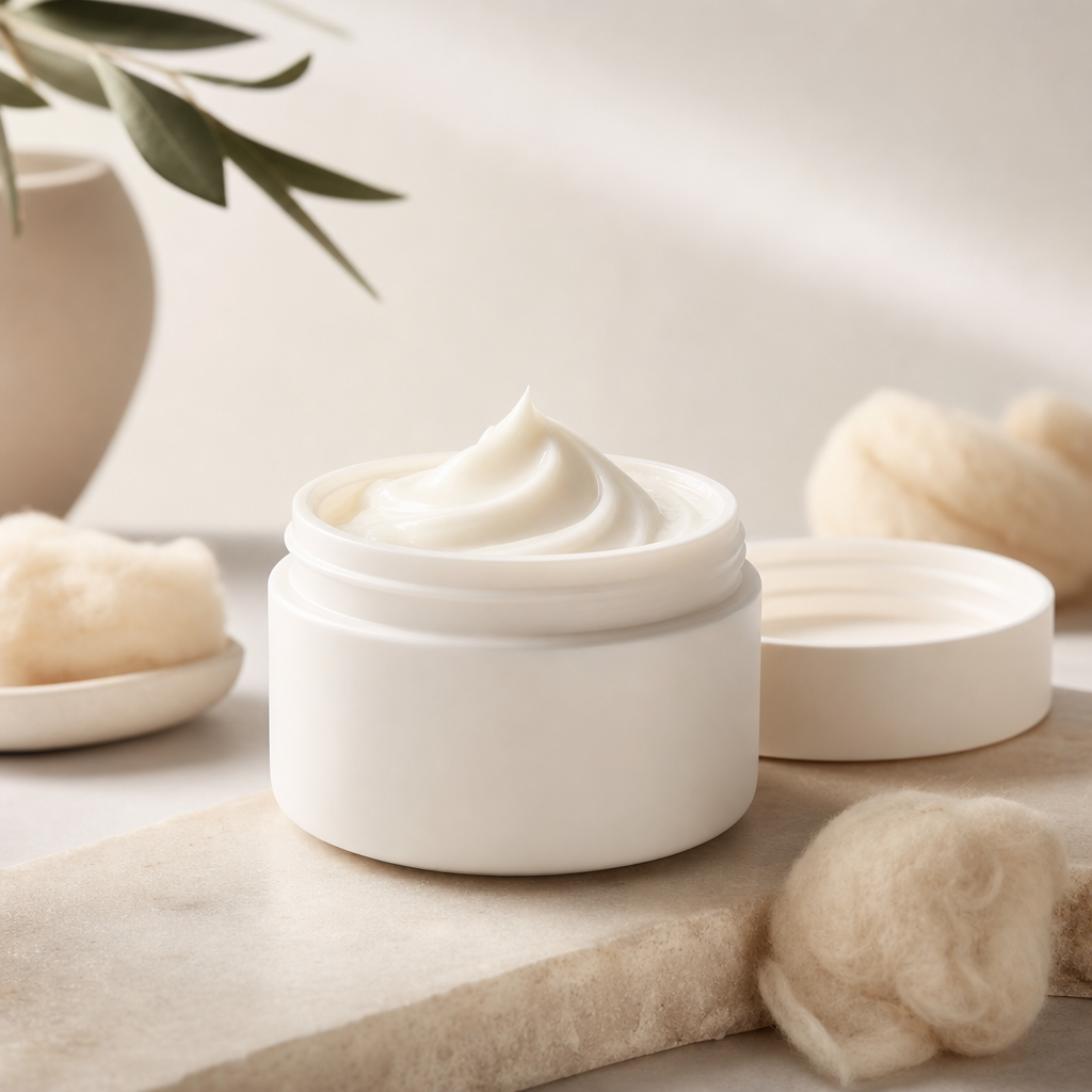 Soft white lanolin cream jar with minimalist styling