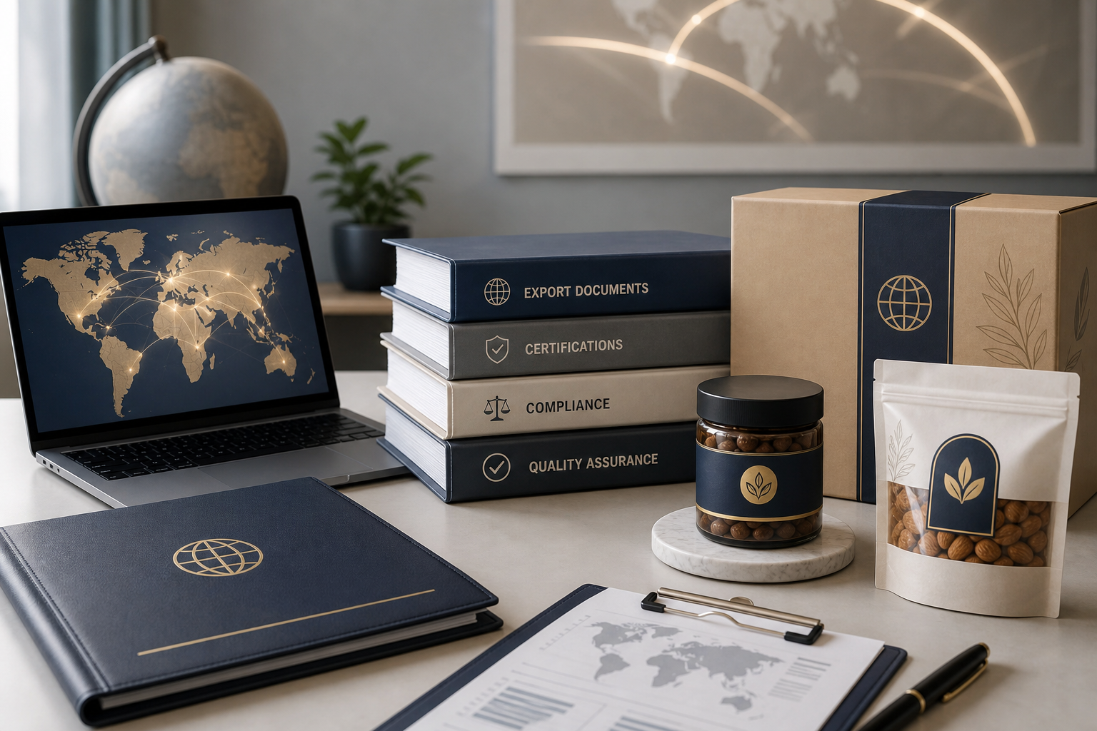 Export coordination workspace with compliance folders, labeled packaging, and a premium product sample