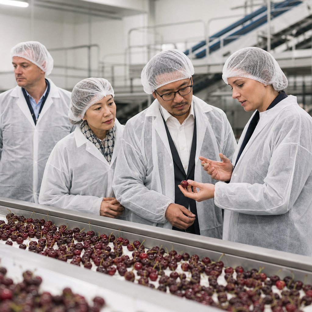 Sourcing visit at a premium agrifood facility in Otago with team reviewing production lines