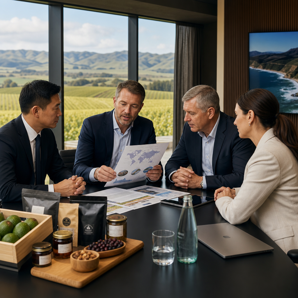 Boardroom meeting with agricultural supplier leadership reviewing export documentation in Hawke’s Bay