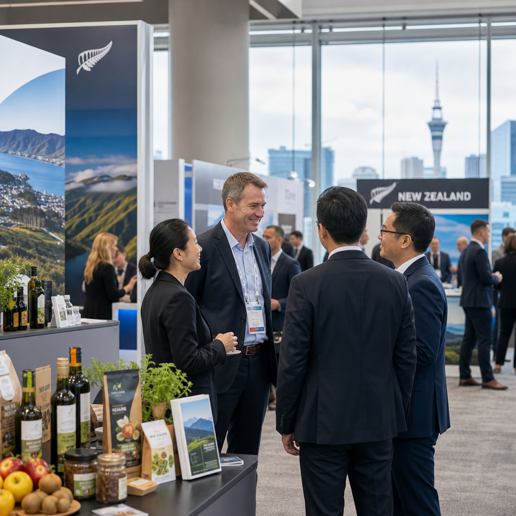 Executive trade summit floor in Auckland with international delegates networking beside branded exhibitor stands