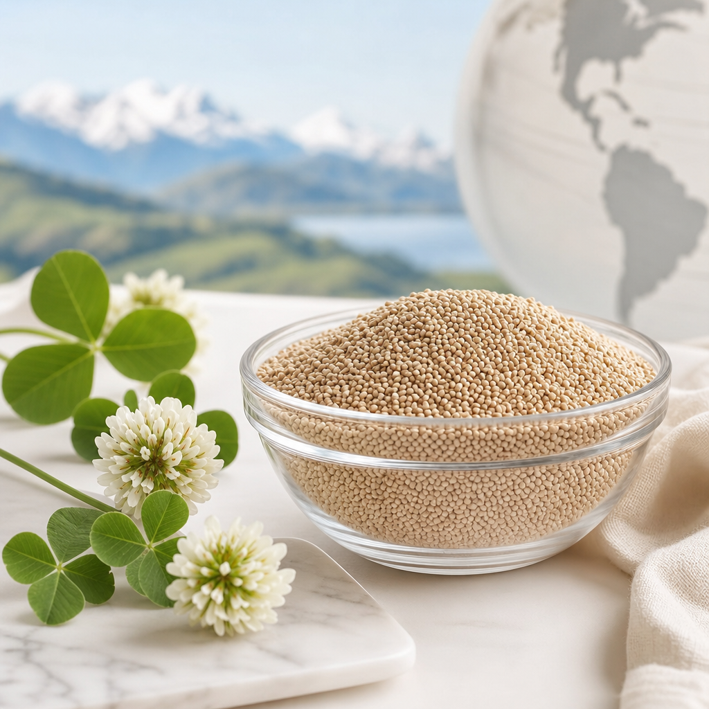 Premium New Zealand white clover seed displayed in a refined product presentation