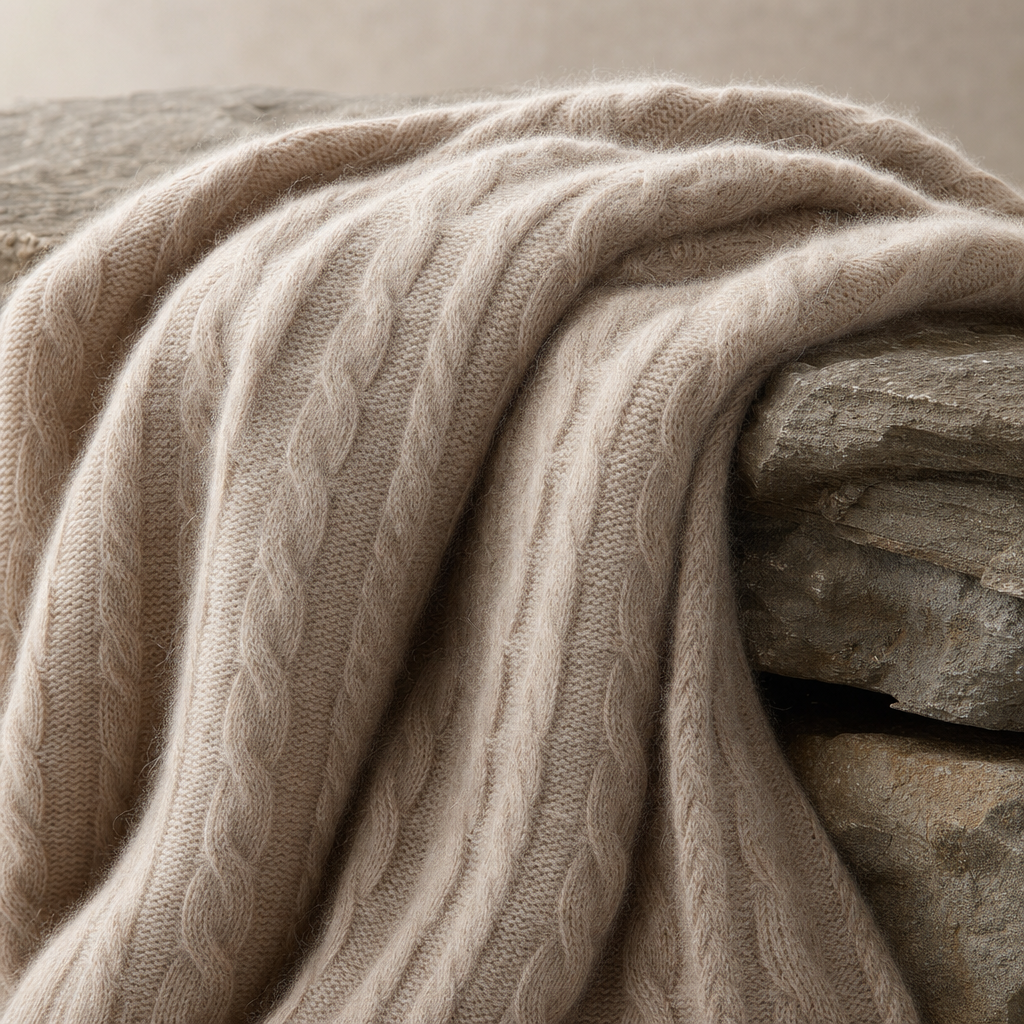 Premium merino wool knit textiles in soft ivory and charcoal tones, neatly folded on a timber display surface