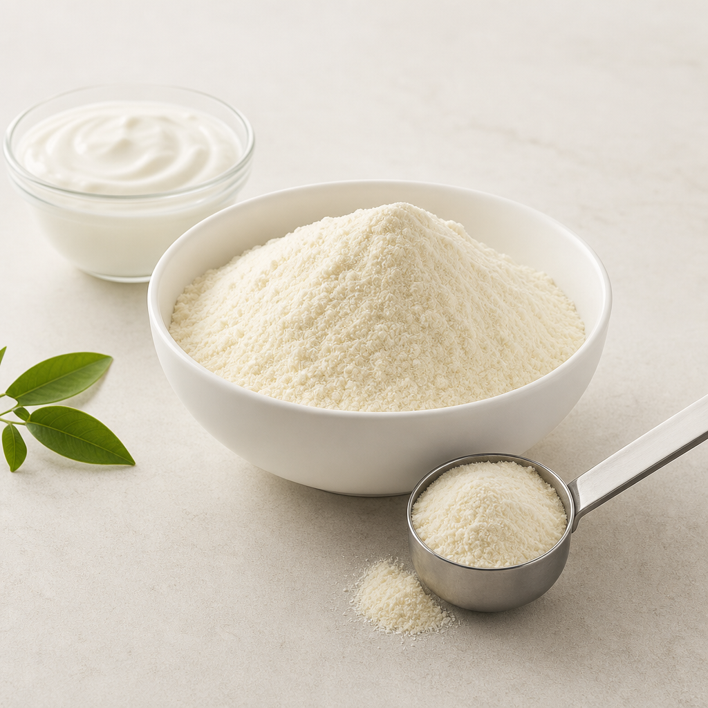 Creamy yoghurt powder in a minimalist bowl with a stainless scoop on a light stone surface