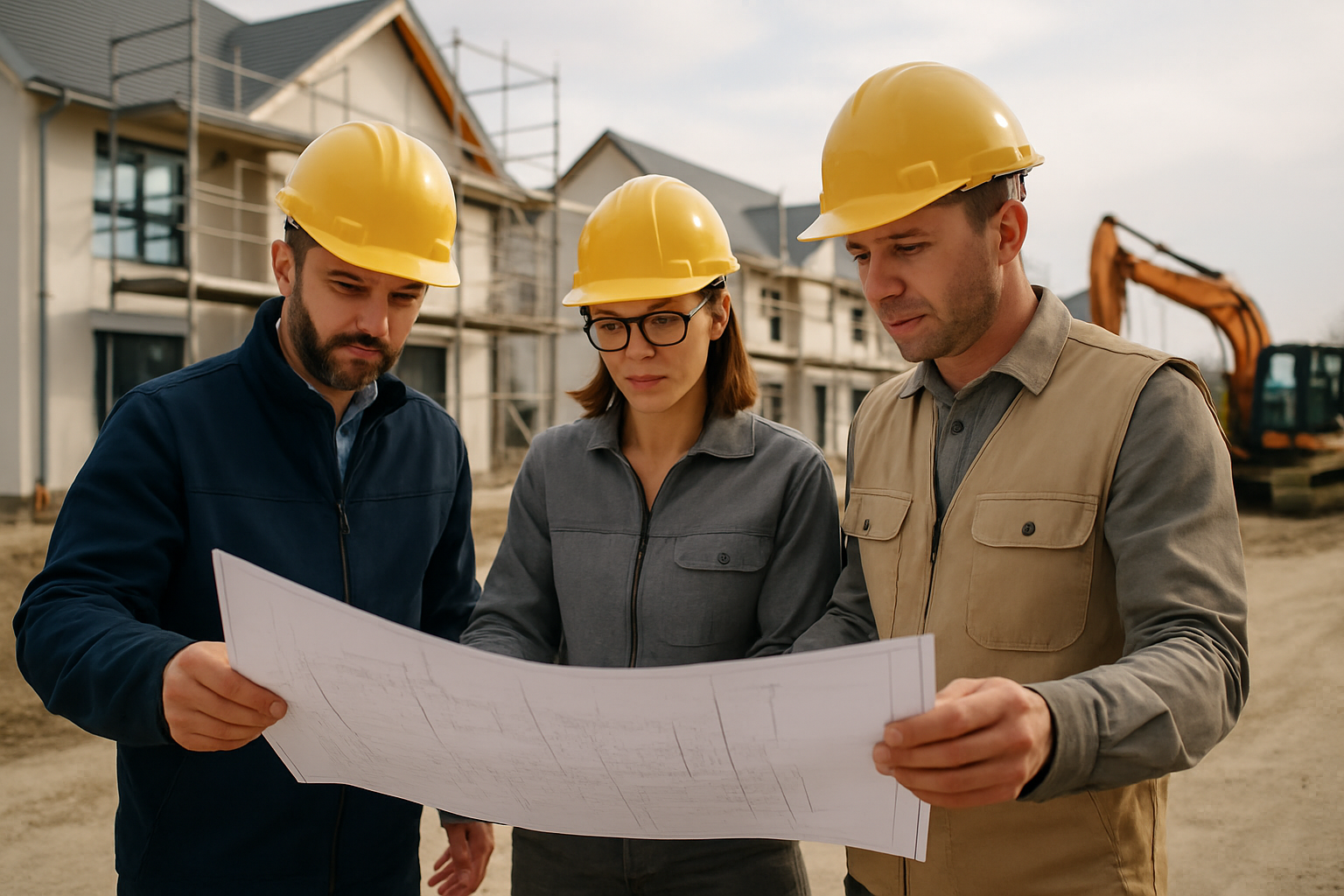 Experienced construction crew reviewing blueprints at a modern residential development site