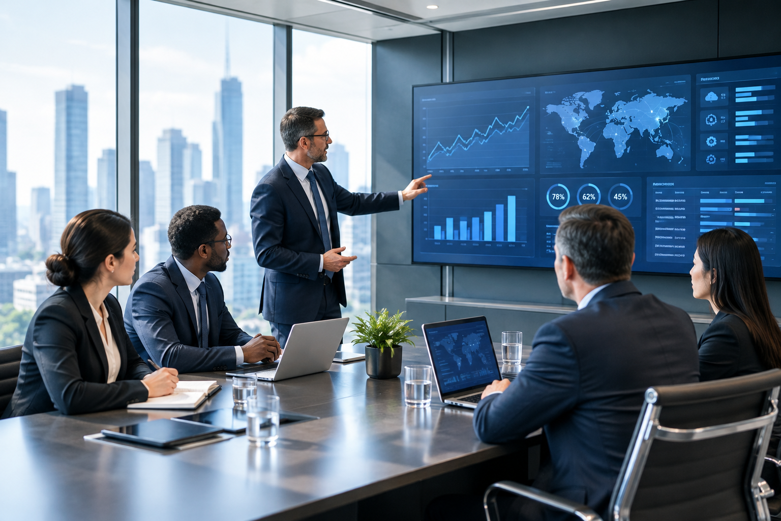 Senior business and technology leaders reviewing digital performance dashboards in a modern corporate boardroom