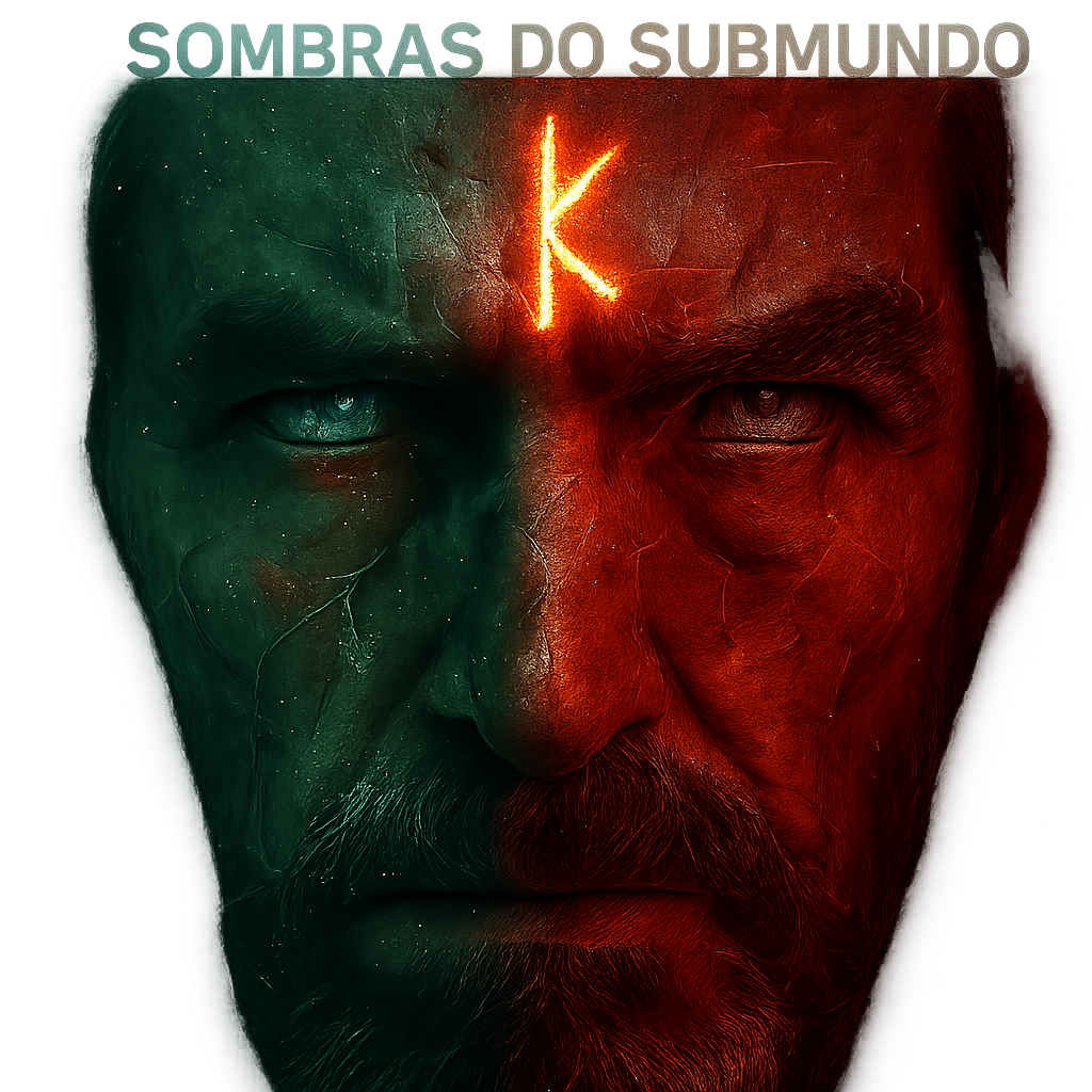 Close-up extremo do perfil do Bruxo das Sombras do Submundo, rosto dividido verticalmente — lado esquerdo iluminado em verde esmeralda (bid), direito em sombra carmesim (ask), cicatriz-runa ᚲ brilhando na divisão, olhos prateados, microdetalhes de pele com veias-circuito e partículas de dados flutuando, iluminação cinematográfica, proporção 4:5, estilo raw dramático.