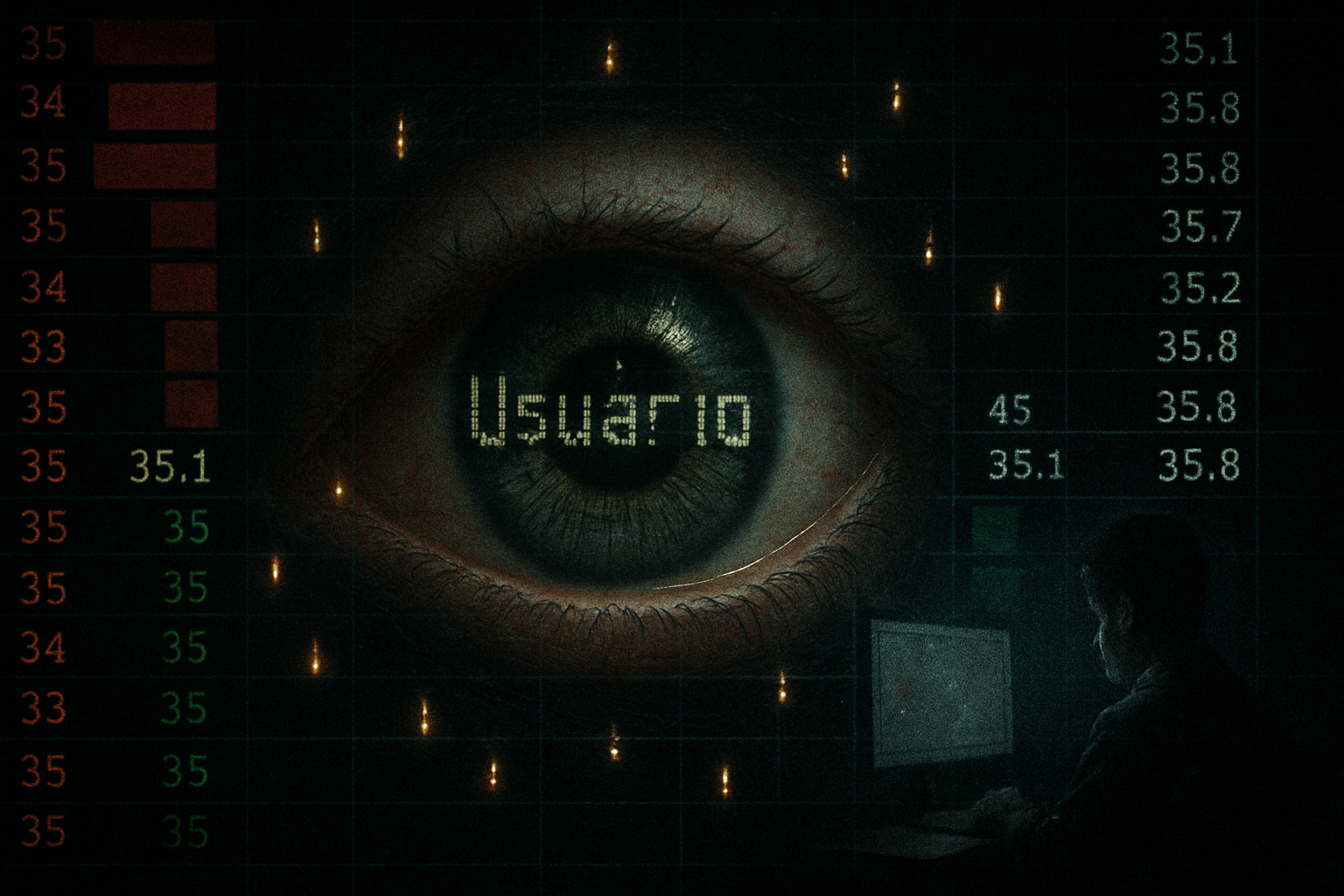 Efeito 'Observador da Liquidez': horror psicológico em found footage, mostra um depth chart sombrio 16:9, com um olho humano realista flutuando no centro. A íris do olho é formada por números de bid/ask rearranjando para formar discretamente o nome do usuário. Micro-candlesticks piscam como neurônios ao redor da íris. No reflexo do olho, vê-se o usuário sentado em frente à mesa, monitor iluminando o rosto no escuro. Atmosfera tensa e detalhamento 4K.