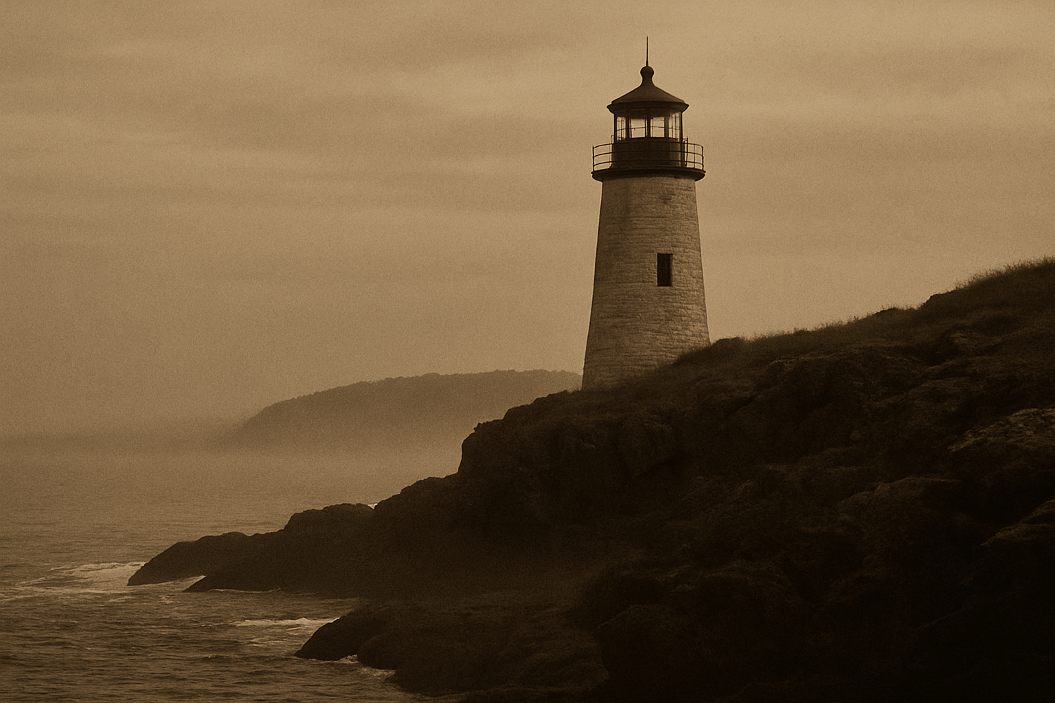 Archival-style coastal lighthouse on a rugged northern shoreline at dusk, with weathered stone tower, rolling sea mist, and warm filmic tones