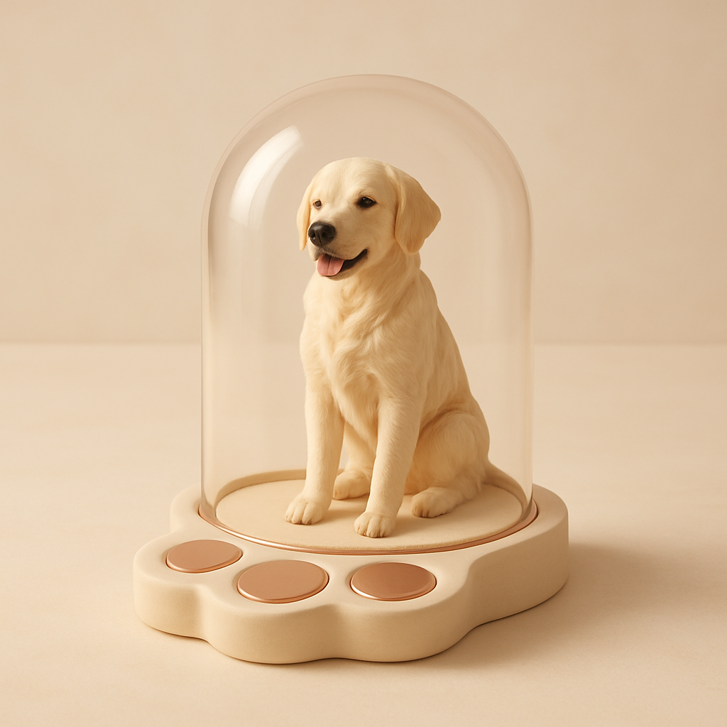 Cápsula conmemorativa premium con figura 3D de un perro en tonos crema y dorado suave, sobre base minimalista