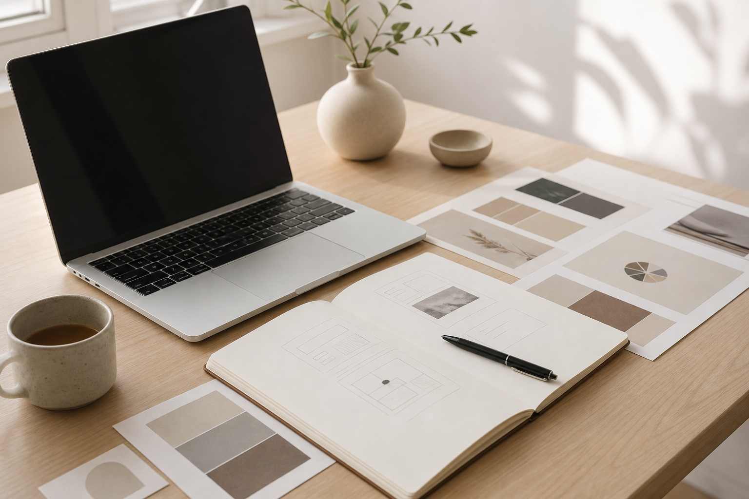 Bright studio desk with a silver laptop, open sketchbook, and neutral-toned branding materials under soft daylight