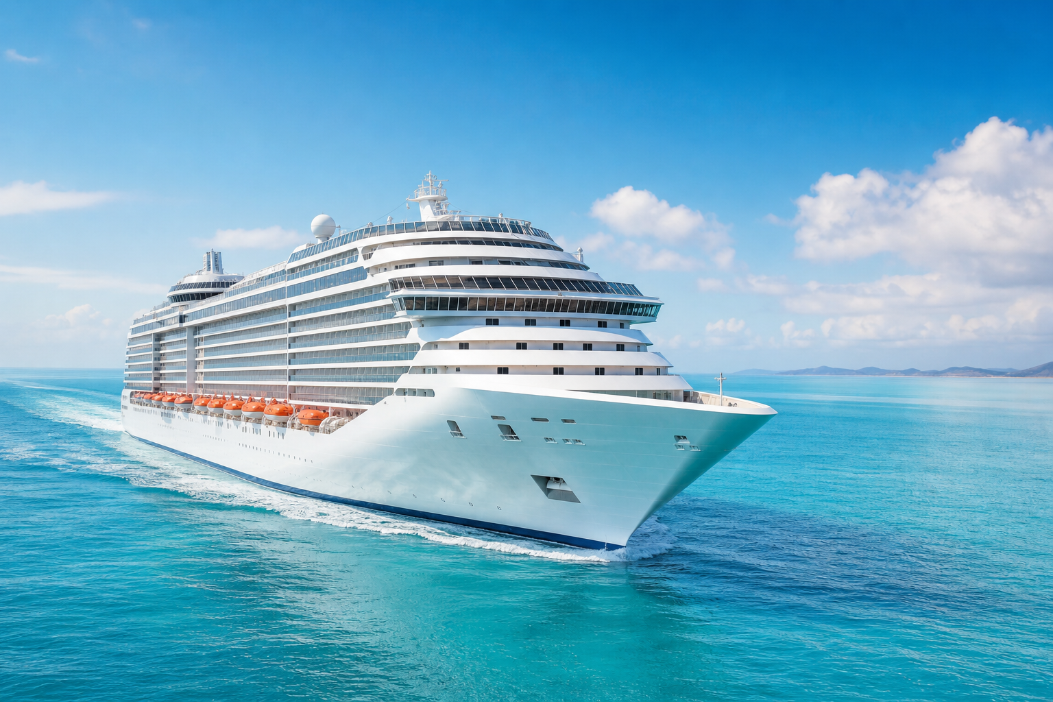 Luxury cruise ship sailing across calm turquoise water under bright coastal skies