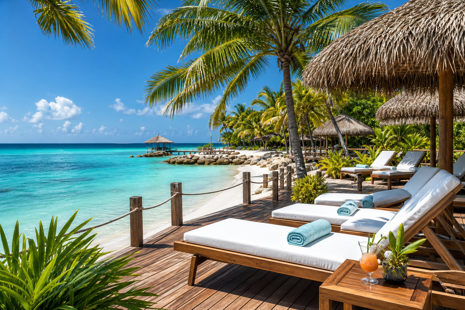 Beachfront resort with palm trees, white loungers, and clear blue lagoon water