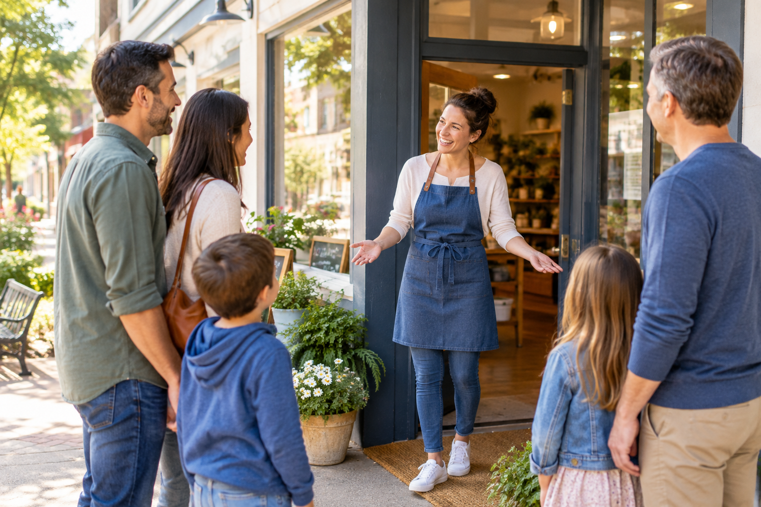 Warm local business storefront with a smiling owner greeting nearby families on a sunny day