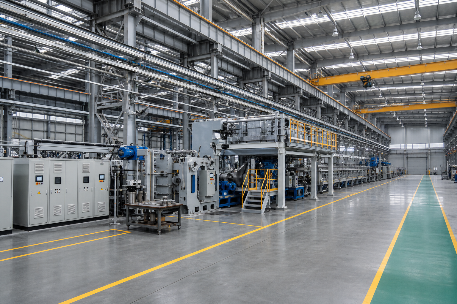 Wide-angle view of a modern industrial plant floor with large steel processing machinery, overhead gantry structures, control cabinets, and marked safety walkways