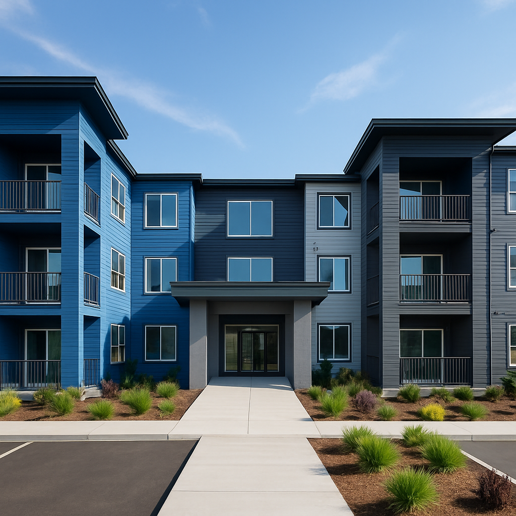 Modern blue-accented apartment complex, clean and inviting