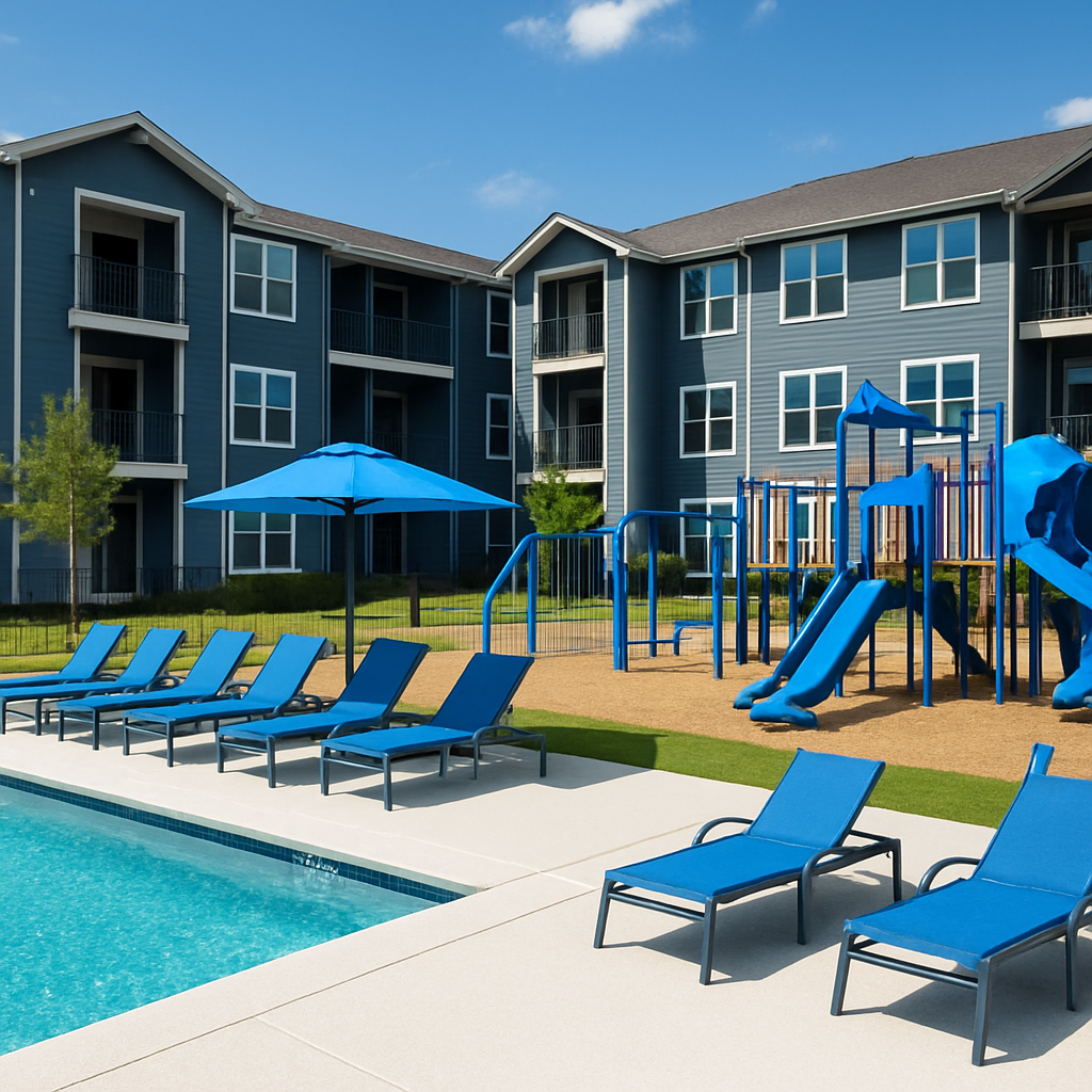 Family-friendly apartment property with bright outdoor amenities