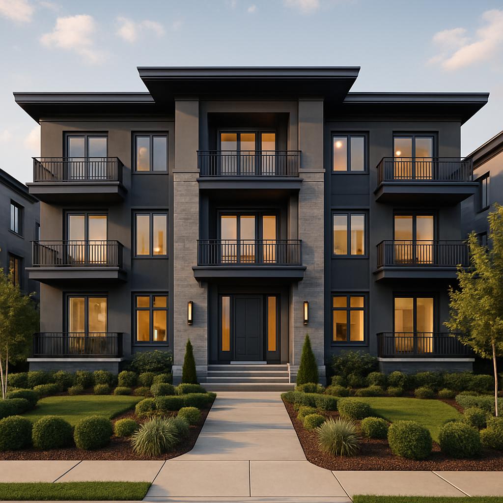 Luxury multi family residence with charcoal tones and lush landscaping