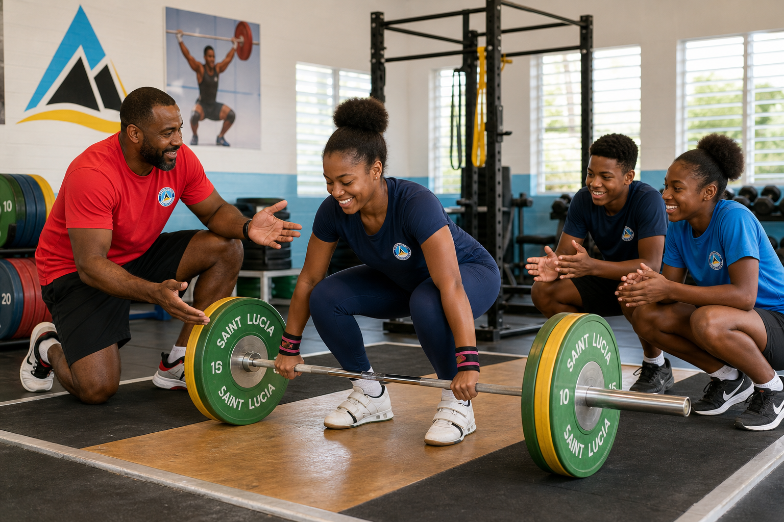 Inclusive coaching session at Mon Repos Saint LIFT Hub, with a young woman preparing a barbell lift while a coach and two youth athletes encourage her in a bright, welcoming gym