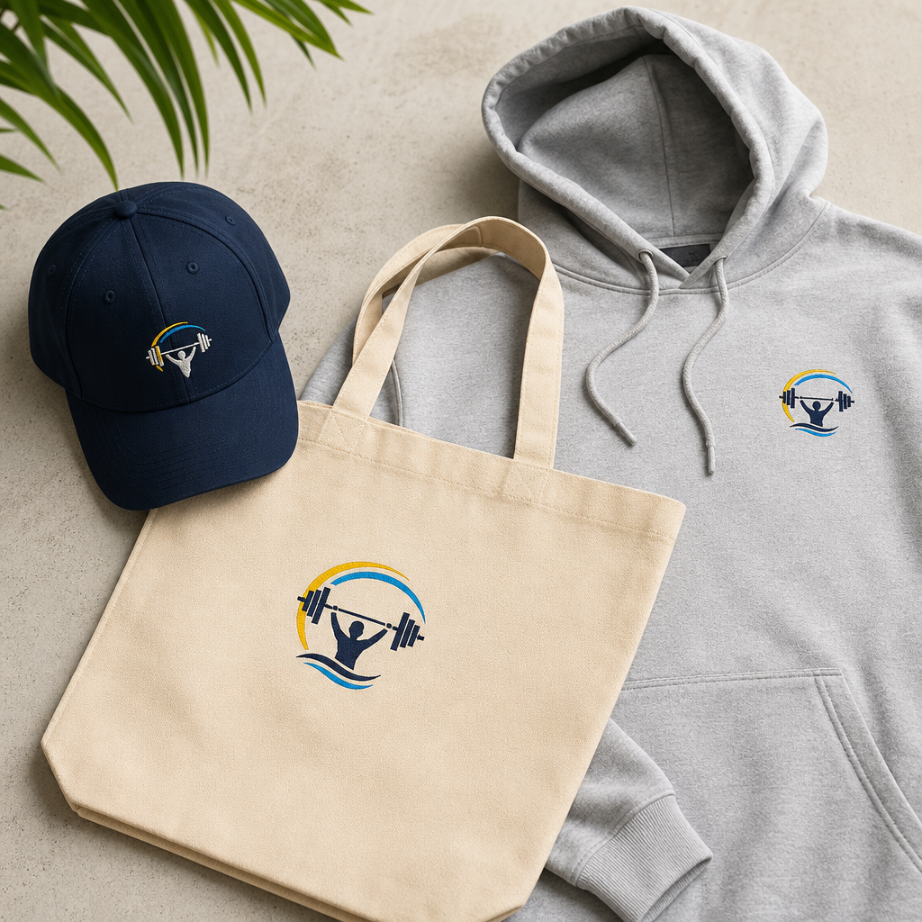 Mixed community gear including cap, tote bag, and light hoodie displayed in a neat flat lay