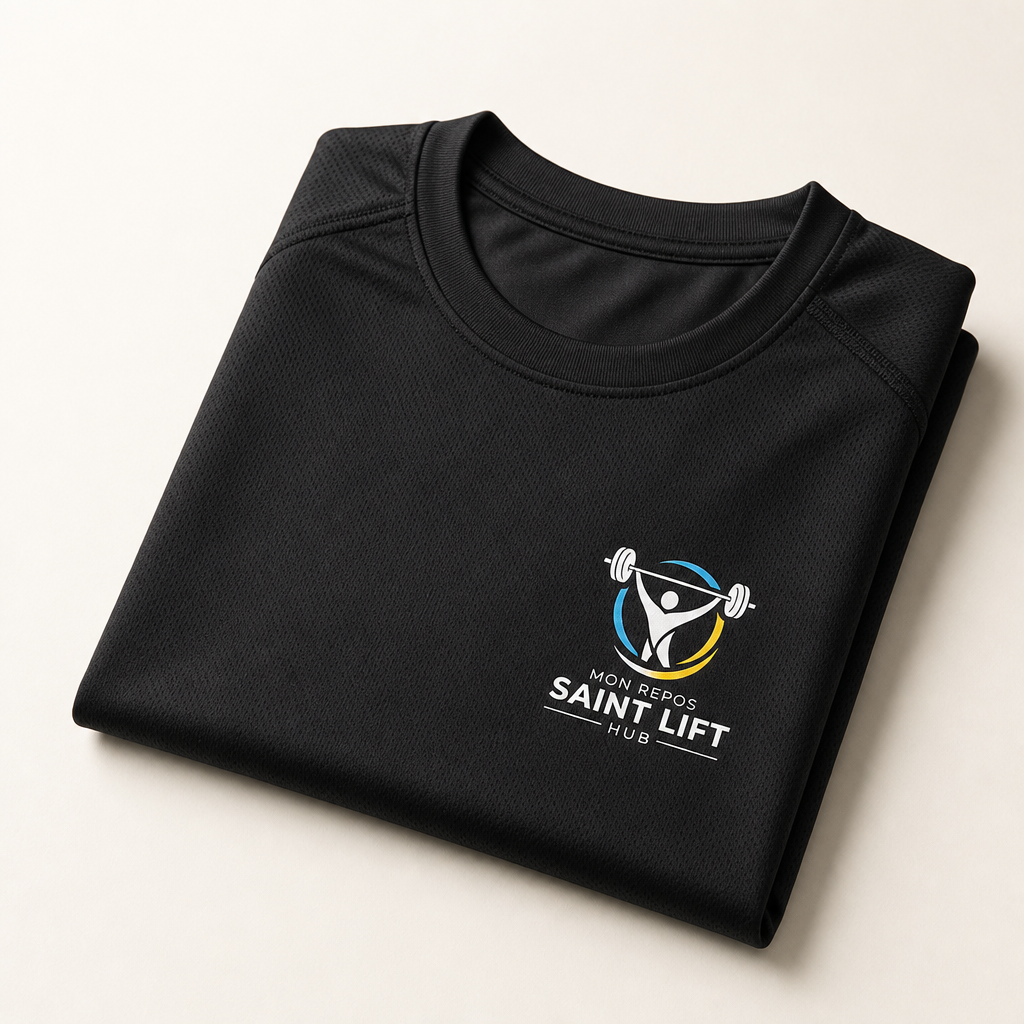 Black athletic t-shirt with Mon Repos Saint LIFT Hub chest logo folded on a clean studio surface