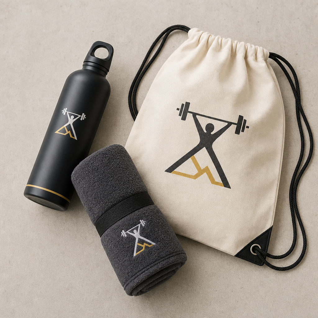 Compact training essentials set with water bottle, gym towel, and drawstring bag in matching hub colors