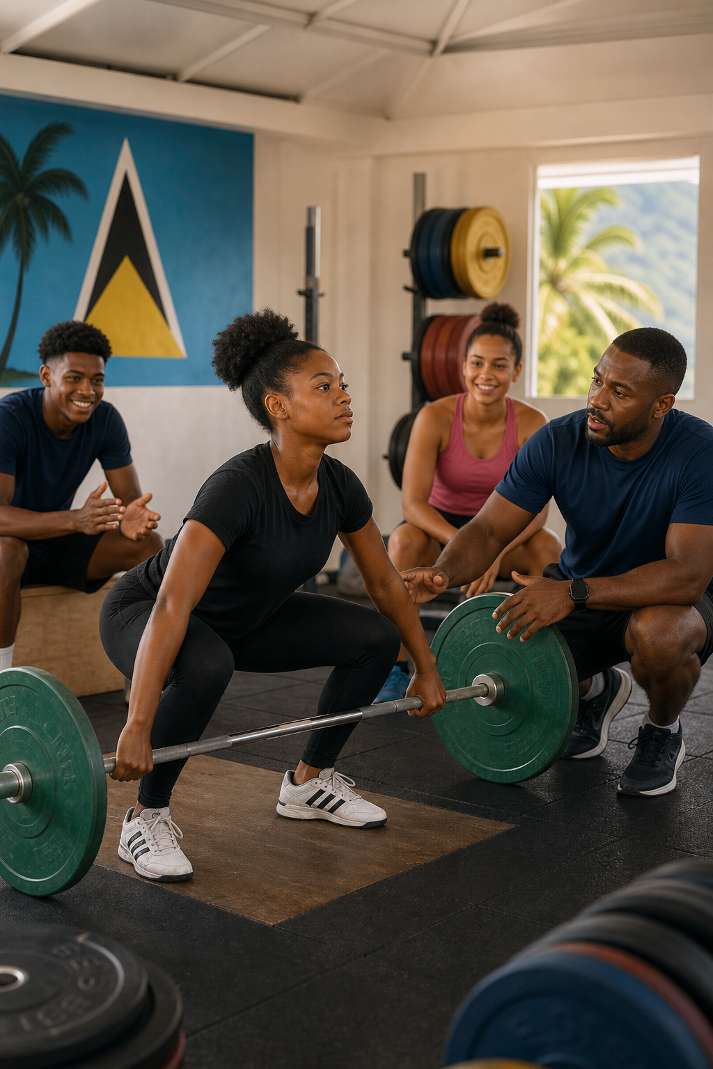Inclusive coaching session with a young woman learning an Olympic weightlifting movement while teammates and coach encourage her