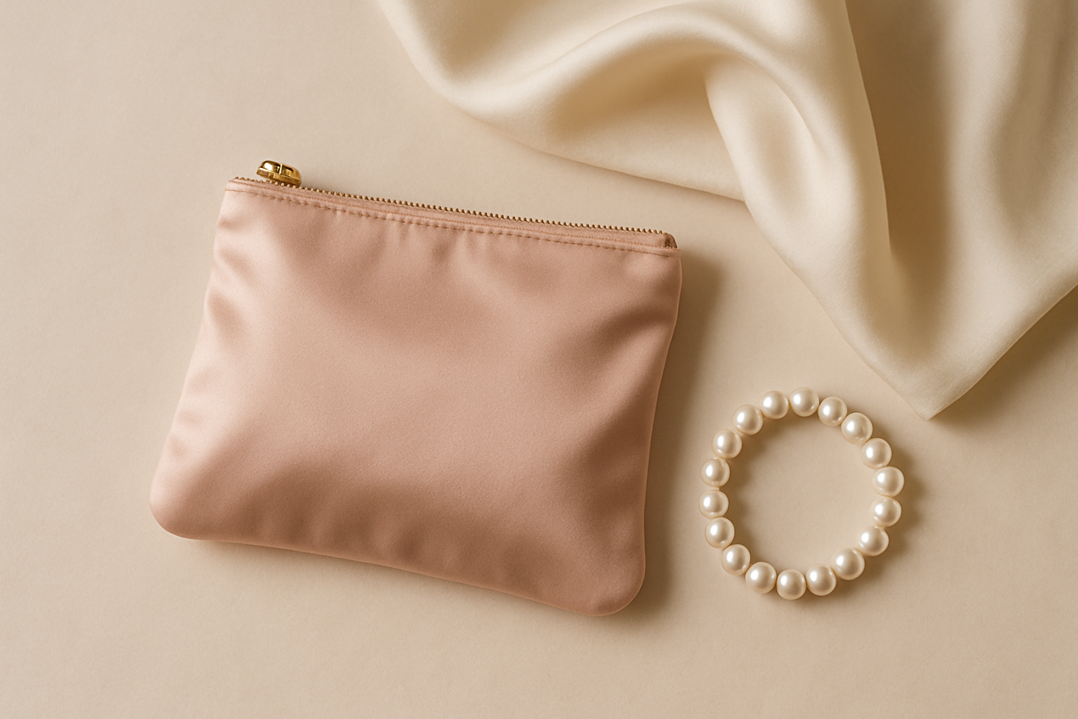 Elegant flatlay of a blush satin pouch with gold zipper beside a pearl bracelet and soft silk scarf