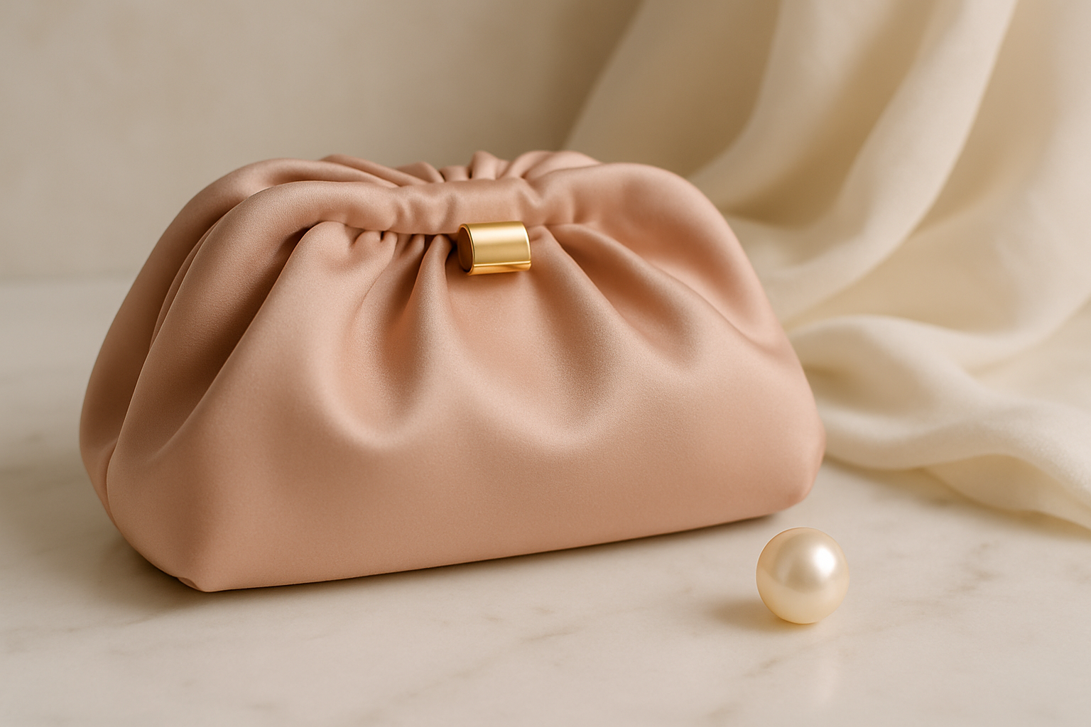 A blush-toned satin pouch with a gold clasp resting on a marble surface, styled with soft fabric folds