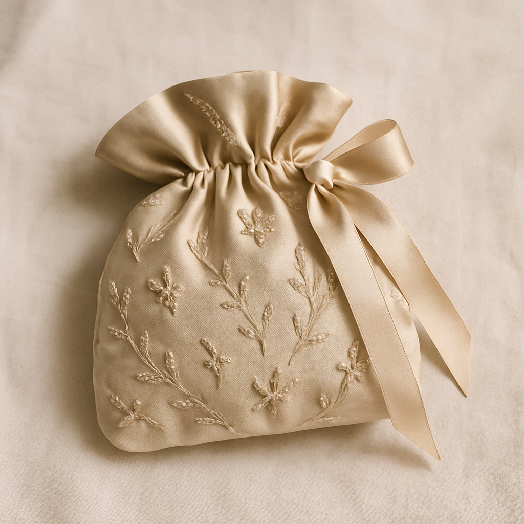 A champagne-beige embroidered pouch with delicate beadwork and a silk ribbon tie
