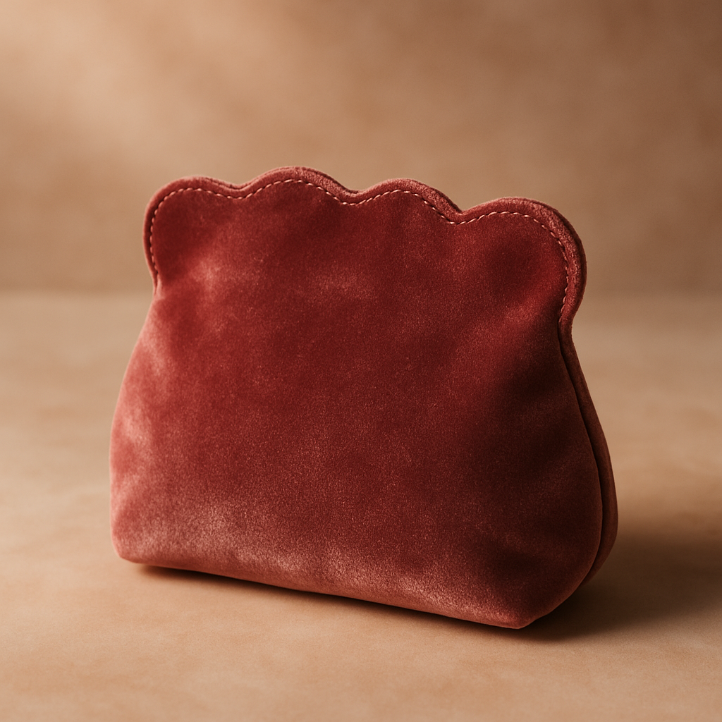 A deep rose velvet pouch with a scalloped edge and subtle metallic sheen