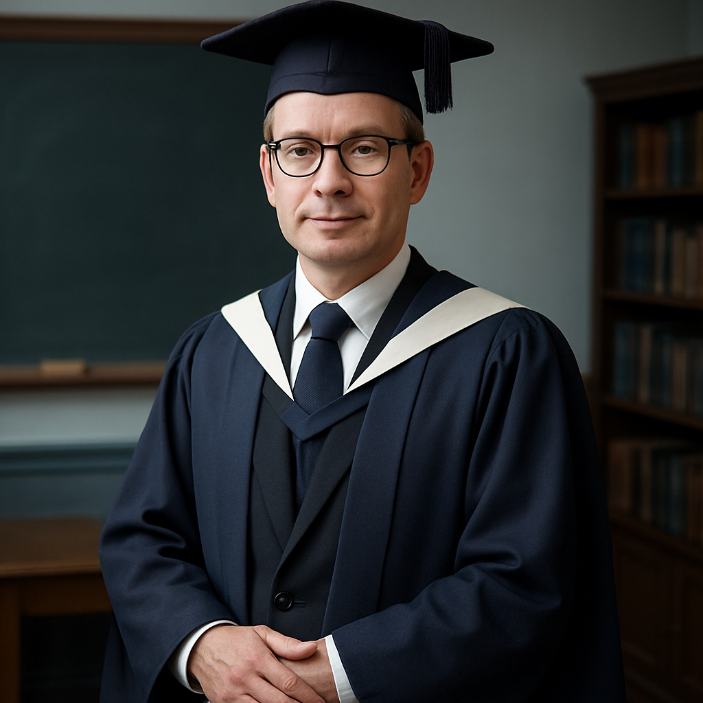 Professional tutor with British academic attire, standing in classroom