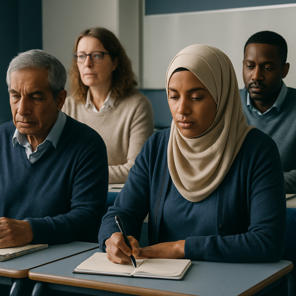 Diverse group of adult learners in formal setting, UK education focus