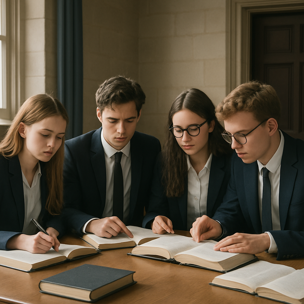 A Level students in formal attire studying together, British academic environment